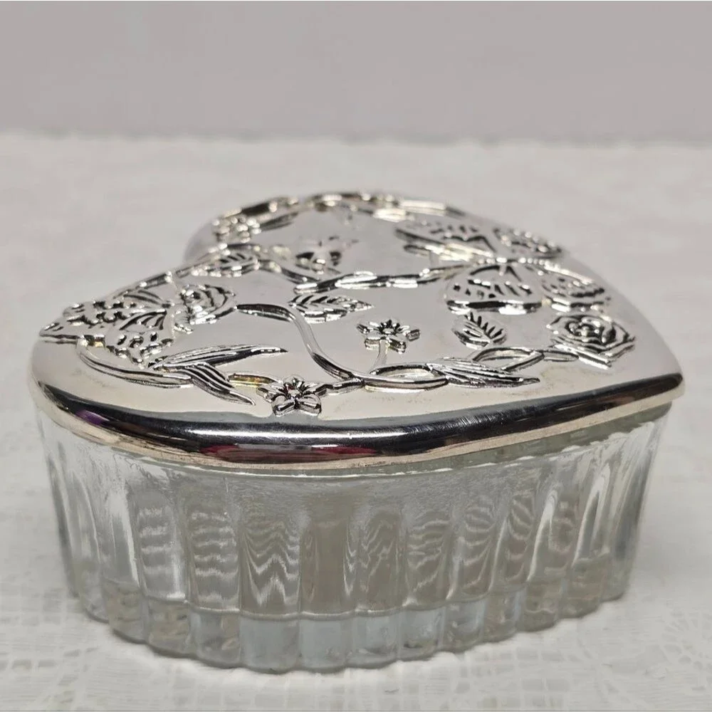Vintage Silver Plated Butterfly Floral Lid Heart Shaped Glass Trinket Box